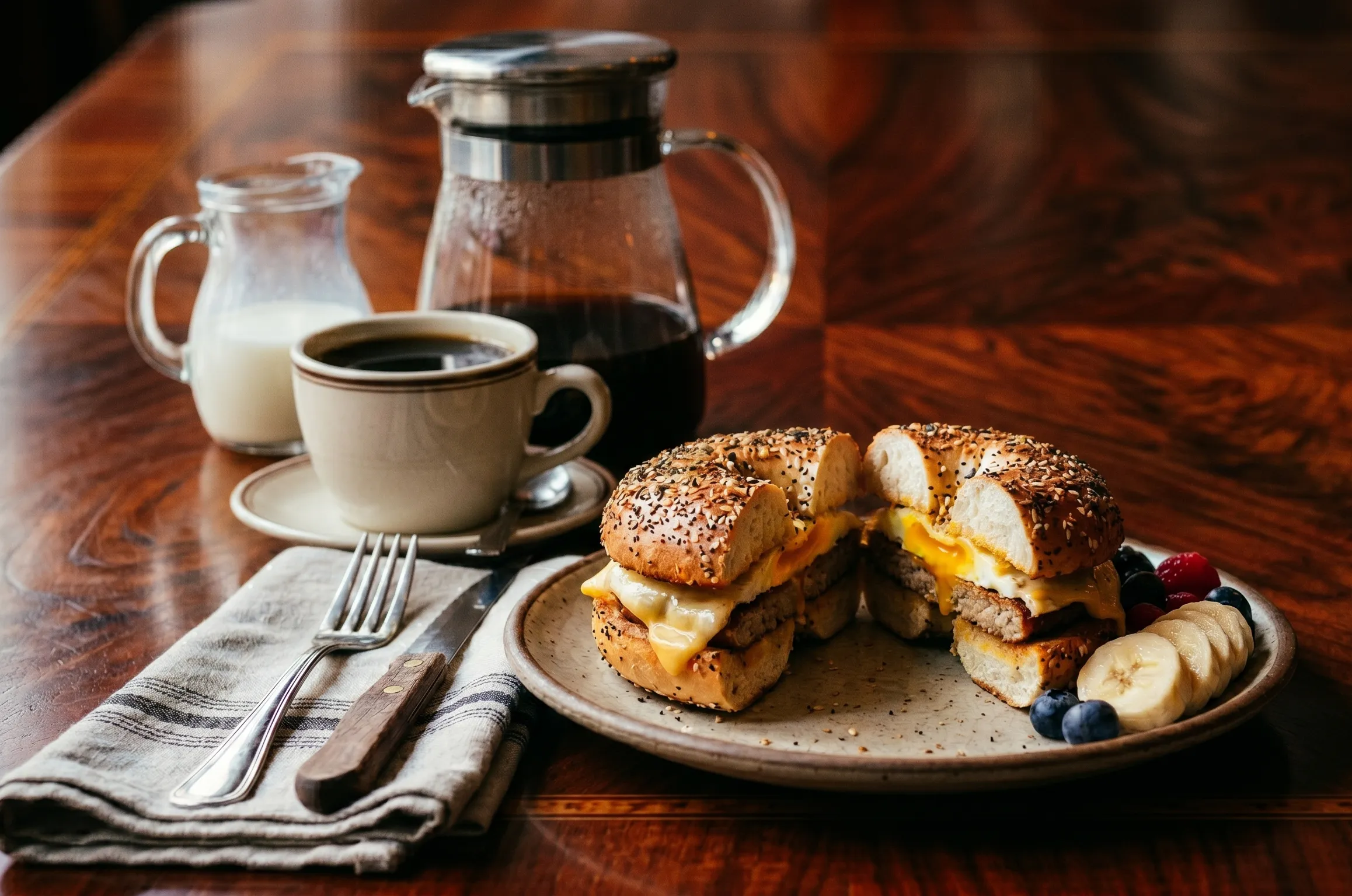 Breakfast at the long table — egg and cheese on an everything bagel, fruit, and a fresh pot of coffee