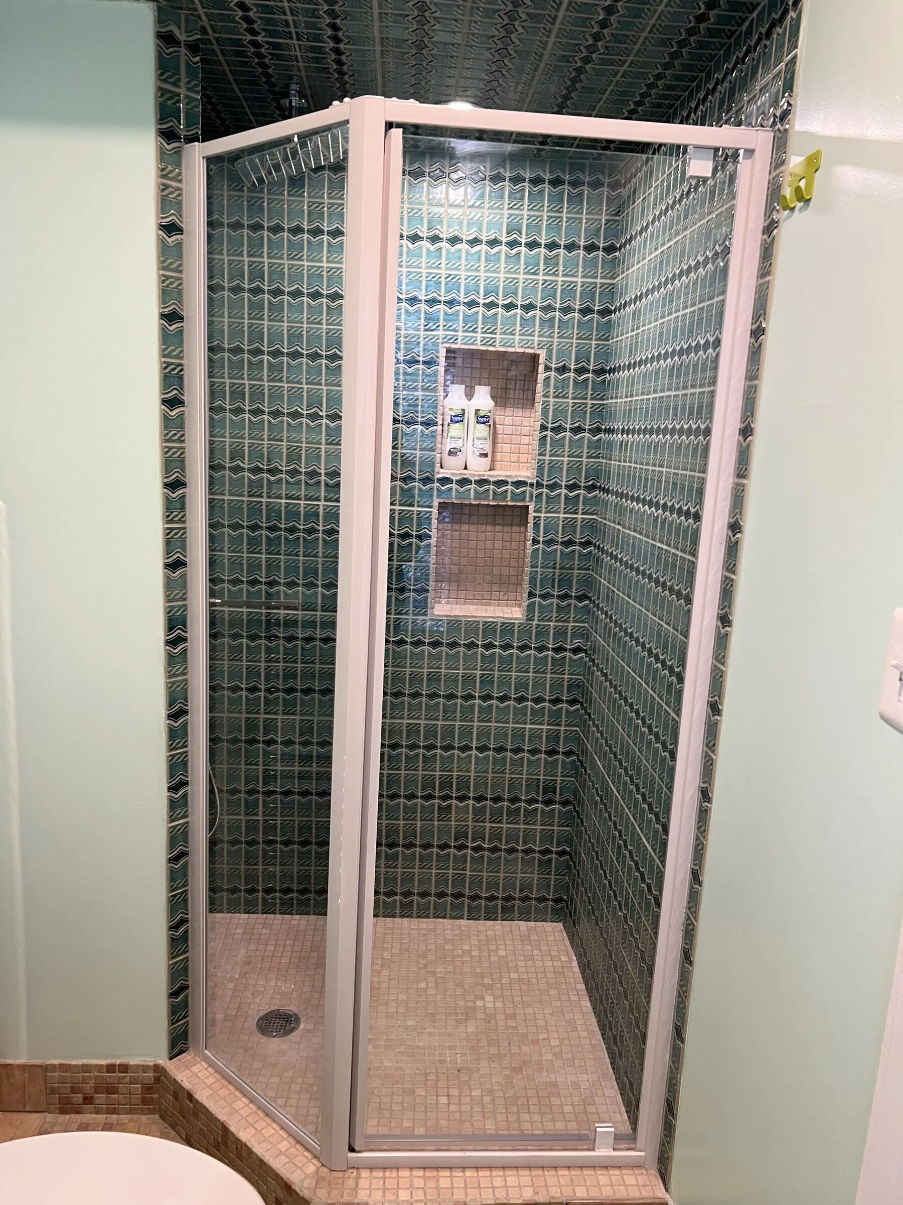 The tiled corner shower