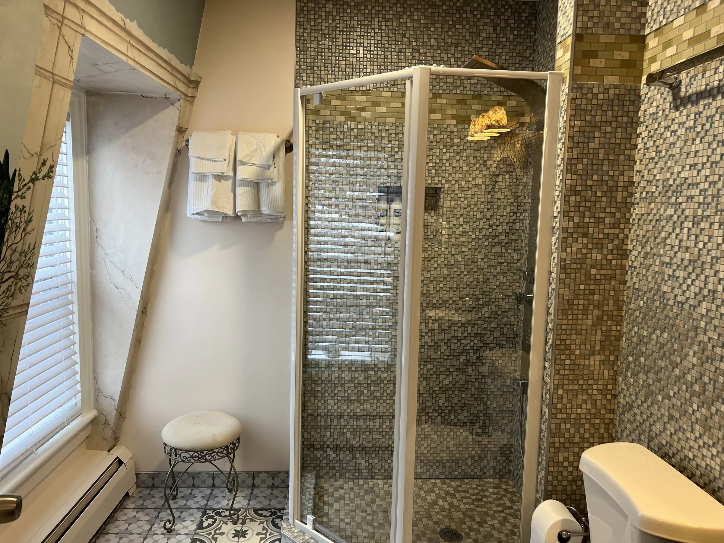 The tiled shower and a deep-set window